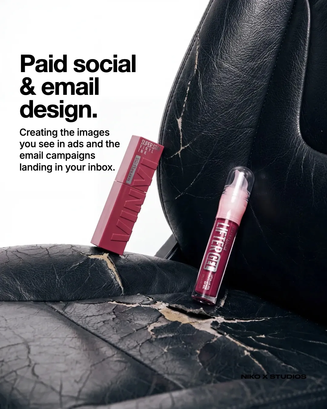 an AI-generated paid social beauty image on a cracked leather seat