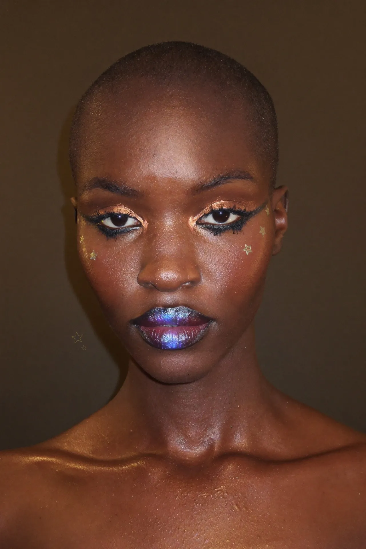 AI editorial beauty image with iridescent lips and star details