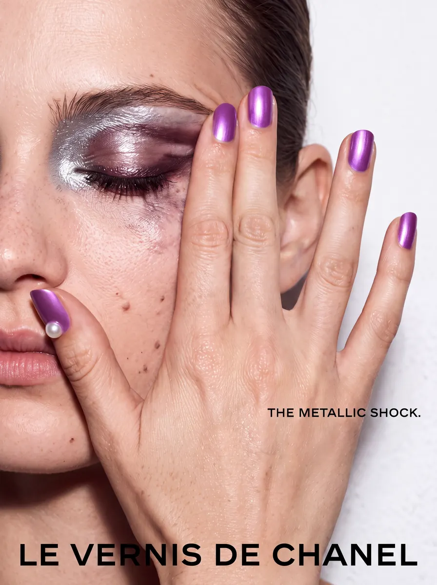 Chanel Le Vernis 411 Magnetic Muse, AI beauty campaign by Niko x Studios